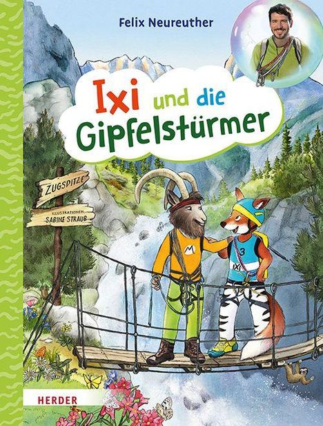 "Ixi und die Gipfelstürmer". Eine Illustration: Ein Steinbock und ein Fuchs in Kletterausrüstung auf einer Hängebrücke.