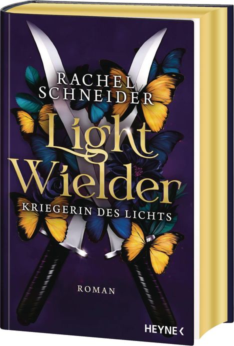 "Rachel Schneider, Light Wielder, Kriegerin des Lichts, Roman" auf violettem Hintergrund mit gelben und blauen Schmetterlingen.