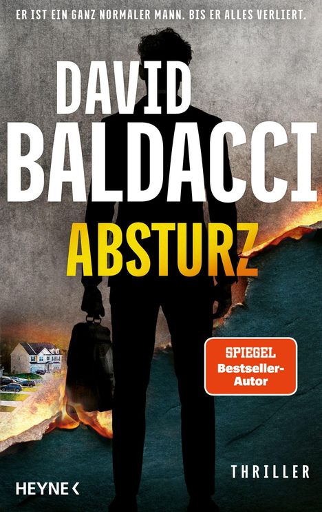 "DAVID BALDACCI, ABSTURZ, Spiegel-Bestseller-Autor, Thriller. Silhouette eines Mannes vor brennender Landschaft."