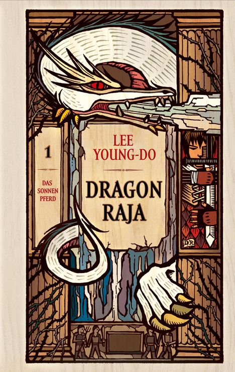 "DRAGON RAJA" von Lee Young-Do. Illustration: Drache mit weißen Schuppen und rotem Auge, eine Person hält ein Schwert.