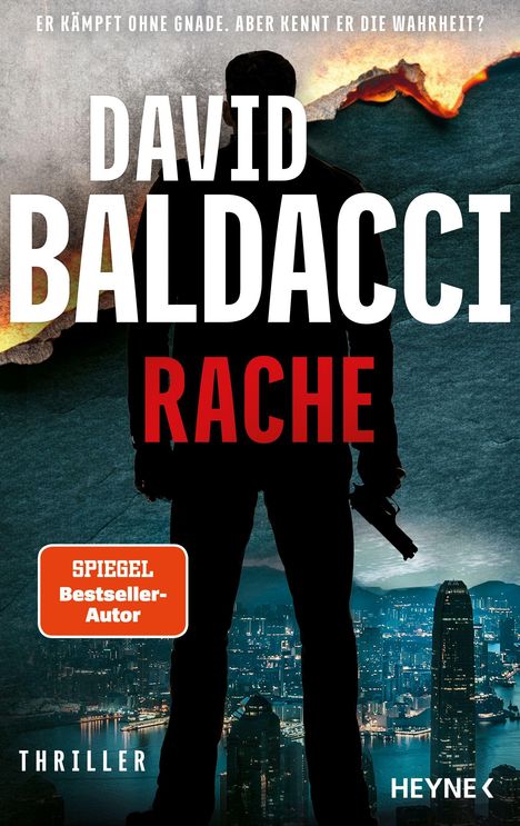 „DAVID BALDACCI: RACHE“ über einer Stadtsilhouette, ein Mann steht im Vordergrund. Oben Text: „ER KÄMPFT OHNE GNADE...“.