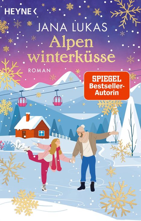 „Alpenwinterküsse“ von Jana Lukas. Ein Paar eisläuft vor einer Berghütte; bunte Schneeflocken fallen vom Himmel.