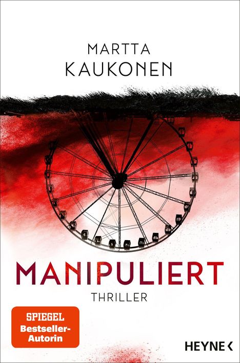 "MANIPULIERT" in großen Buchstaben, rotes Riesenrad und rot-weißer Hintergrund, Name "MARTTA KAUKONEN". Thriller.