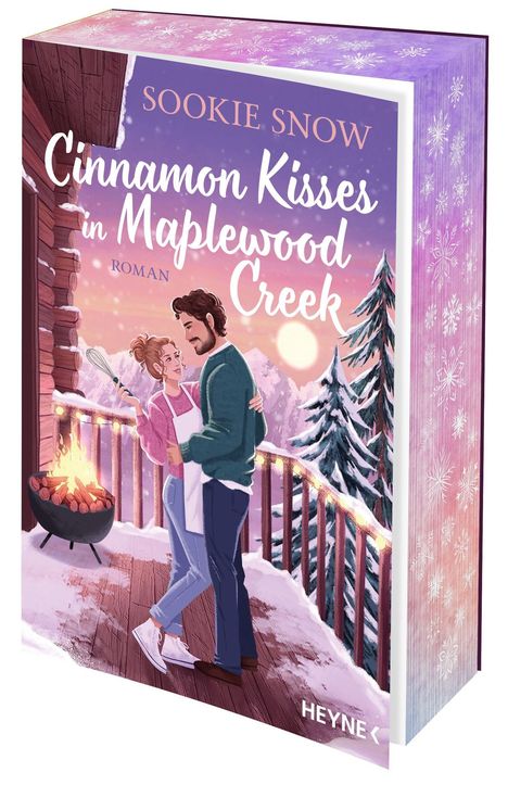 Titel: "Cinnamon Kisses in Maplewood Creek". Zwei Menschen stehen auf einer verschneiten Veranda bei einem Grillfeuer.