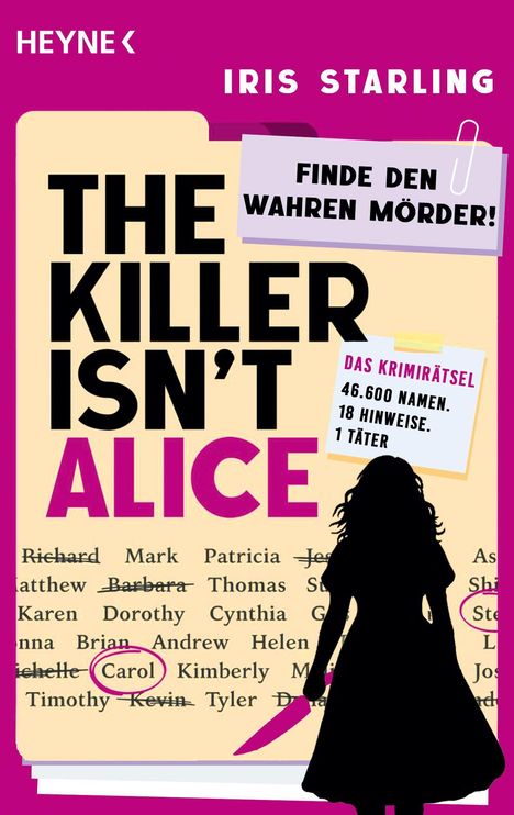Text: "Finde den wahren Mörder!", "Das Krimirätsel: 46.600 Namen. 18 Hinweise. 1 Täter", "The Killer Isn't Alice". Silhouette mit Messer.