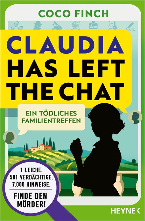 „CLAUDIA HAS LEFT THE CHAT. Ein tödliches Familientreffen.“ Silhouette vor Landschaft, Lupe und Chat-Symbole.