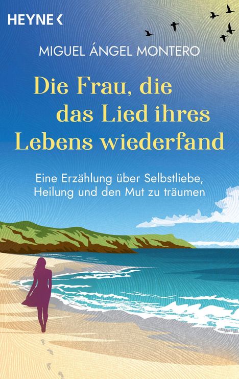 Titel: "Die Frau, die das Lied ihres Lebens wiederfand". Autor: Miguel Ángel Montero. Illustration: Frau am Strand.