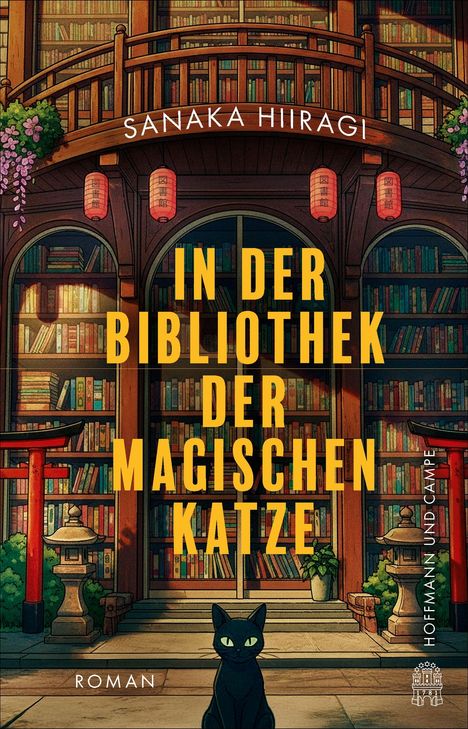 Titel: "In der Bibliothek der magischen Katze". Illustration: Eine schwarze Katze sitzt vor prall gefüllten Bücherregalen.