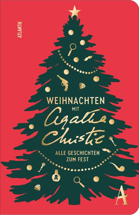 "Weihnachten mit Agatha Christie. Alle Geschichten zum Fest." Ein grüner Weihnachtsbaum auf rotem Hintergrund mit Verzierungen.