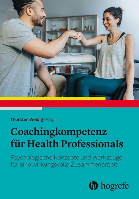 Cover mit Text: „Coachingkompetenz für Health Professionals“. Zwei Personen, Mann und Frau, lächeln und fistbumpen.