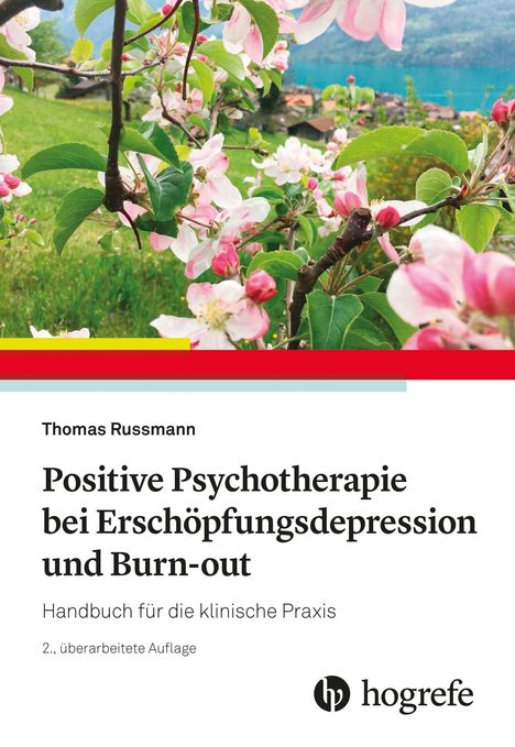 Ein Buchcover mit blühendem Kirschbaum, Titel: "Positive Psychotherapie bei Erschöpfungsdepression und Burn-out" von Thomas Russmann.