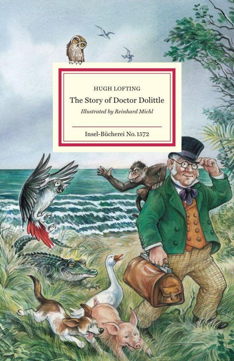 "The Story of Doctor Dolittle" von Hugh Lofting, illustriert von Reinhard Michl. Illustration: Mann mit Tieren am Meer.