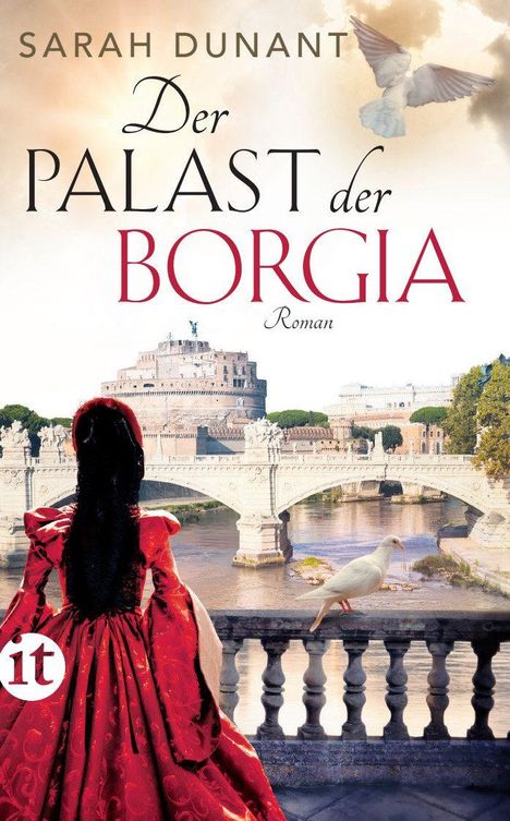 „Sarah Dunant, Der Palast der Borgia, Roman“. Eine Frau im roten Kleid vor einer Brücke und einem Schloss.