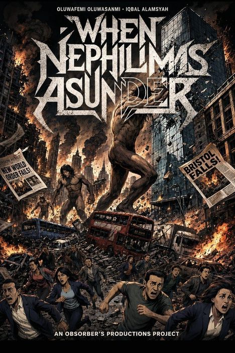 "WHEN NEPHILIMS ASUNDER" steht groß da. Menschen fliehen panisch vor riesigen Kreaturen in einer zerstörten Stadtumgebung.