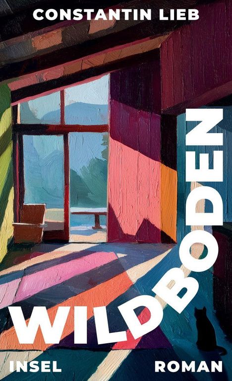 CONSTANIN LIEB, WILD­BODEN, INSEL, ROMAN. Eine bunte Illustration eines Raums mit Schatten und Katze.