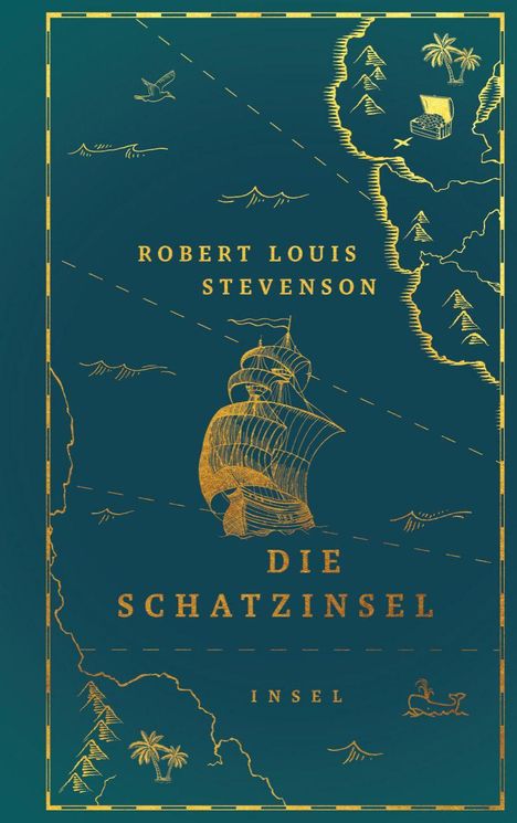 „Robert Louis Stevenson, Die Schatzinsel, Insel“. Goldene Illustrationen, Schiff und Schatzkarte auf blauem Hintergrund.