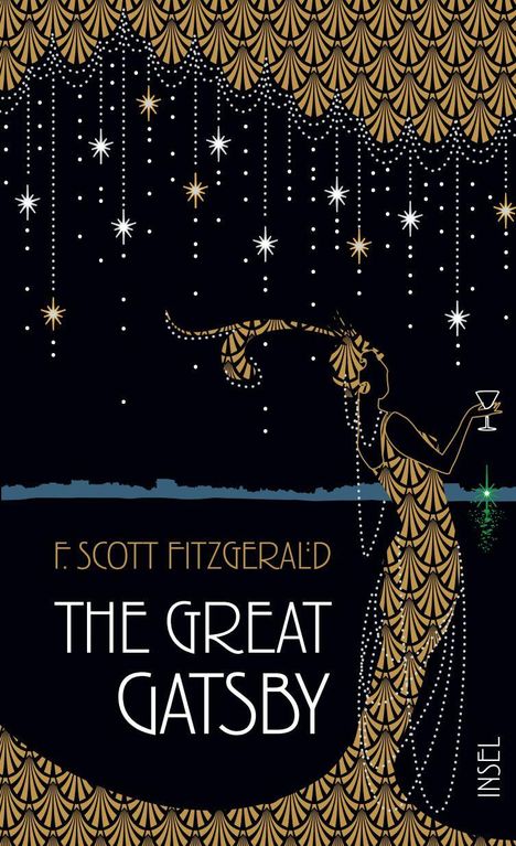 Titel: "F. Scott Fitzgerald, The Great Gatsby, Insel". Art-déco-Illustration einer eleganten Frau unter Sternen.