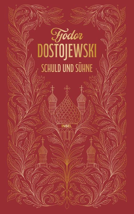 "Fjodor Dostojewski Schuld und Sühne. Ornamente mit Zwiebeltürmen auf rotem Hintergrund, dekorative Illustration."
