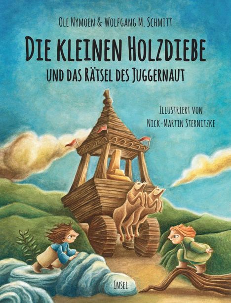 "Die kleinen Holzdiebe und das Rätsel des Juggernaut" von Ole Nymoen & Wolfgang M. Schmitt. Illustration eines hölzernen Wagens mit Figuren.