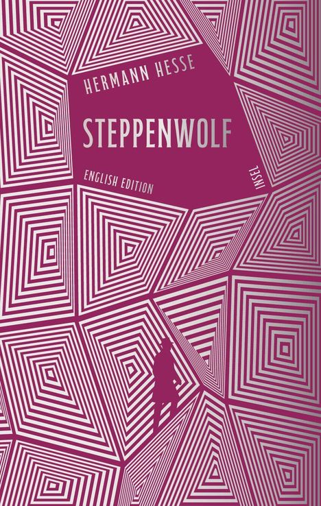 „HERMANN HESSE; STEPPENWOLF; ENGLISH EDITION; INSEL.“ Violett-weiße, hypnotische geometrische Muster mit Silhouette.