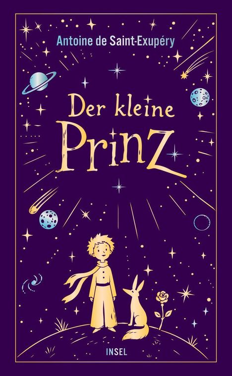 „Antoine de Saint-Exupéry“, „Der kleine Prinz“, „Insel“. Illustration eines Jungen, Fuchs und Rose auf einem Planeten.