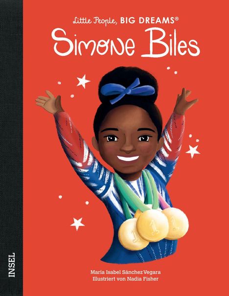 "Simone Biles" in geschwungener Schrift. Illustration: Ein lächelndes Mädchen mit Medaillen und ausgebreiteten Armen.