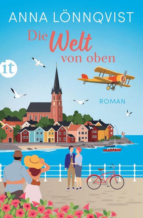 „Die Welt von oben“ ist ein romantisches Cover mit bunten Häusern, einem Flugzeug und Paaren am Wasser.