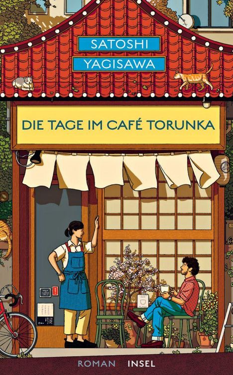 Oben steht "Satoshi Yagisawa", darunter "Die Tage im Café Torunka". Darstellung einer Café-Szene mit zwei Personen.