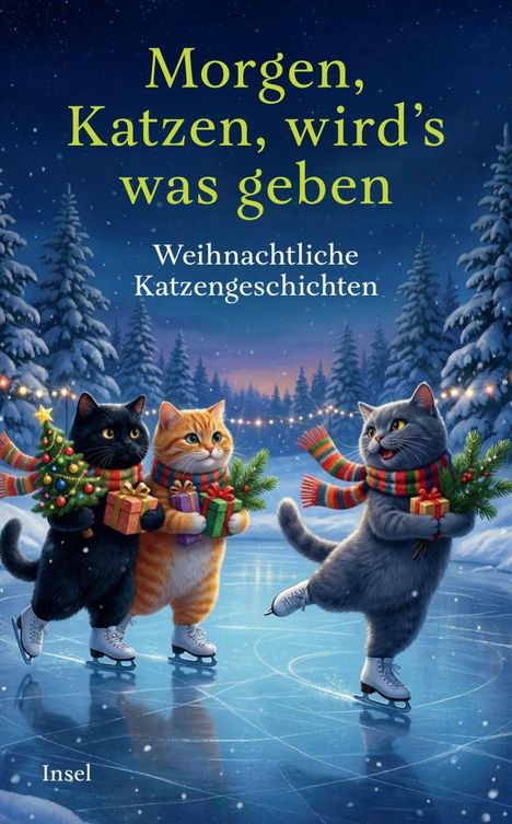 „Morgen, Katzen, wird’s was geben. Weihnachtliche Katzengeschichten.“ Illustrative Szene: Katzen eislaufend mit Geschenken.