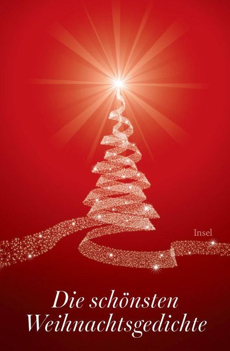 „Die schönsten Weihnachtsgedichte“, darunter spiralförmiger Weihnachtsbaum aus Glitzerelementen auf rotem Hintergrund.