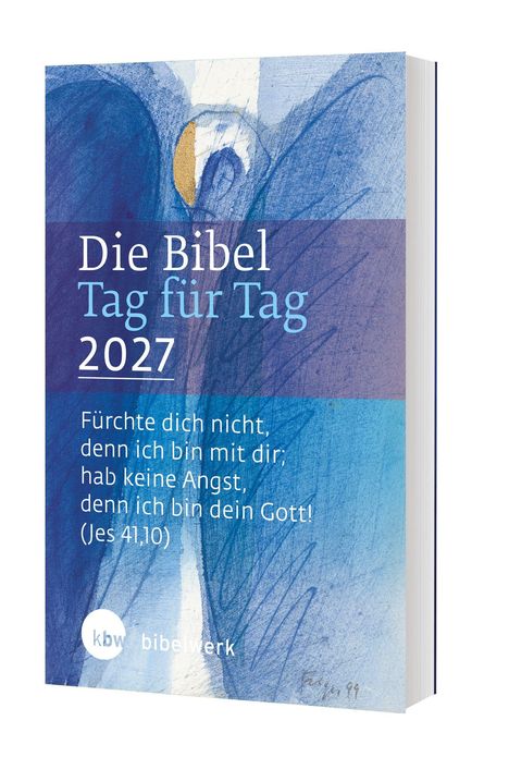 "Die Bibel Tag für Tag 2027. Fürchte dich nicht, denn ich bin mit dir..." zeigt ein abstraktes blau-gelbes Design, kbw-Logo.