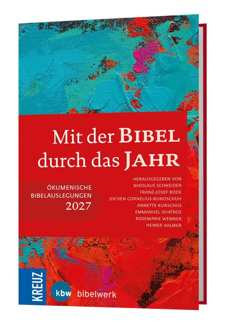Titel: "Mit der Bibel durch das Jahr". Ökumenische Bibelauslegungen 2027. Farbig abstrakter Hintergrund.