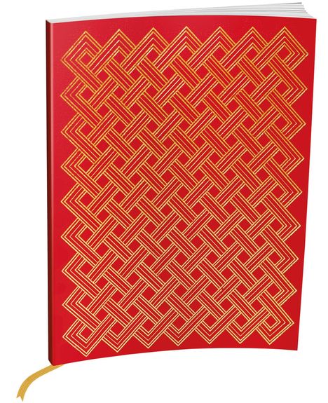 Rotes Notizbuch mit goldener, verschlungener Musterprägung auf dem Einband. Ein goldenes Lesebändchen ist sichtbar.
