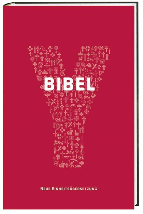 "BIBEL" und "NEUE EINHEITSÜBERSETZUNG" auf rotem Hintergrund, geformt aus religiösen Symbolen.