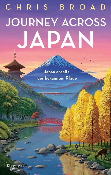 „CHRIS BROAD JOURNEY ACROSS JAPAN“, „Japan abseits der bekannten Pfade“. Illustration eines Flusses im Herbst.