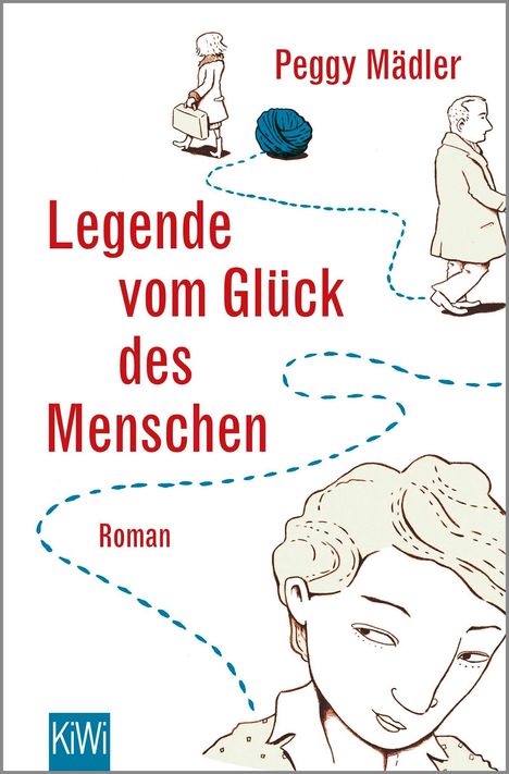 „Peggy Mädler, Legende vom Glück des Menschen. Roman.“ Gezeichnete Personen, blaue Garnrolle, gestrichelte Linien.