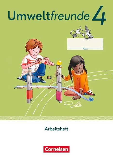 „Umweltfreunde 4“, „Arbeitsheft“, Name. Illustration von zwei Kindern, die ein Projekt bauen. 