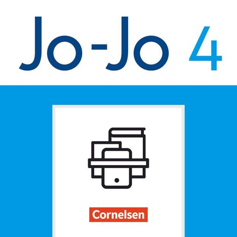 "Jo-Jo 4", "Cornelsen". Illustration: Bücher und Schreibutensilien auf weißem Hintergrund mit blauem Rand.