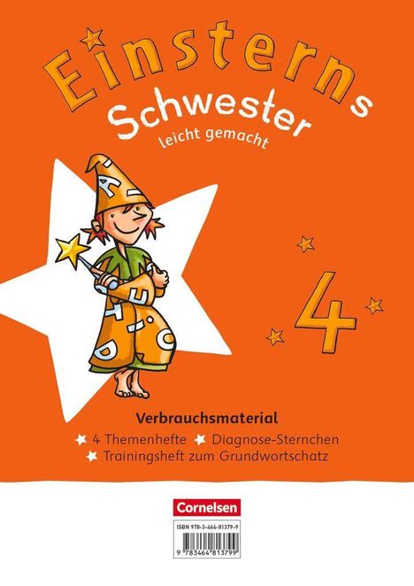 Auf orangefarbenem Hintergrund steht "Einsterns Schwester leicht gemacht". Illustration: Ein Junge im Zauberer-Outfit mit Sternstab. Nummer 4.