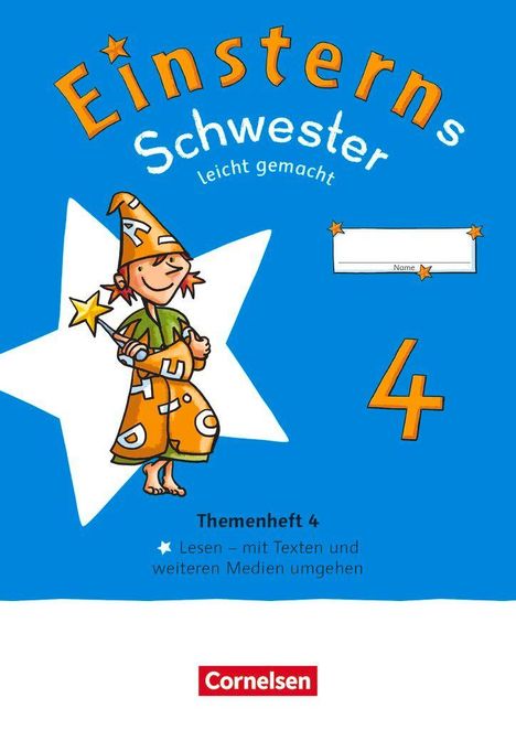 "Einsterns Schwester leicht gemacht" steht oben. Illustration: Kind mit Sternenstab, großes "4", Namefeld, blauer Hintergrund.