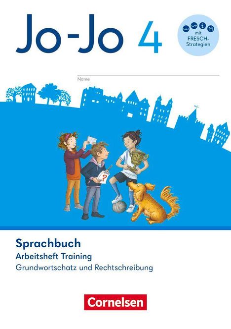 "Jo-Jo 4, Sprachbuch. Arbeitsheft Training, Grundwortschatz und Rechtschreibung. Illustration von Kindern mit Hund."
