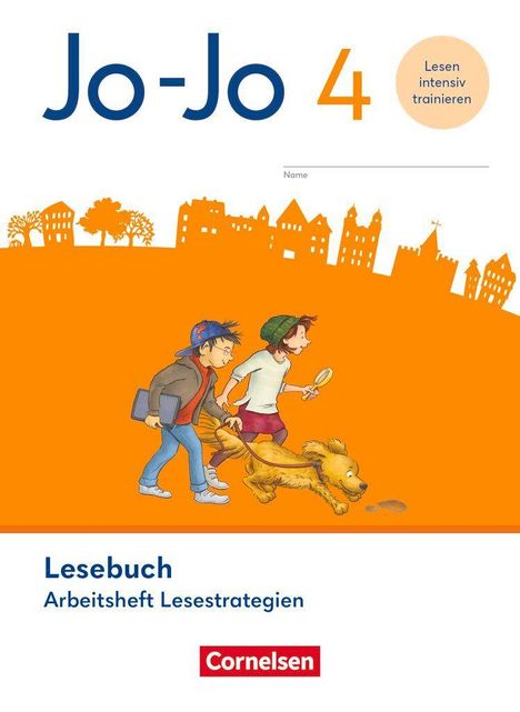 „Jo-Jo 4 Lesen intensiv trainieren. Lesebuch. Arbeitsheft Lesestrategien.“ Zwei Kinder und ein Hund rennen.