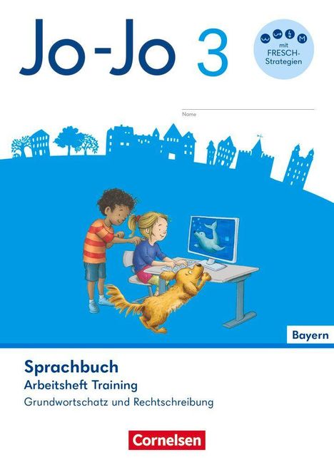 „Jo-Jo 3“, Sprachbuch für Bayern. Illustration: Zwei Kinder, ein Hund, Computer mit Delfinbild. Cornelsen-Logo.