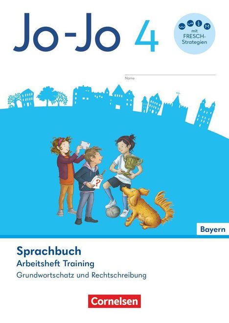 "Jo-Jo 4", "mit FRESCH-Strategien", "Sprachbuch Arbeitsheft Training". Illustration mit Kindern und Hund.