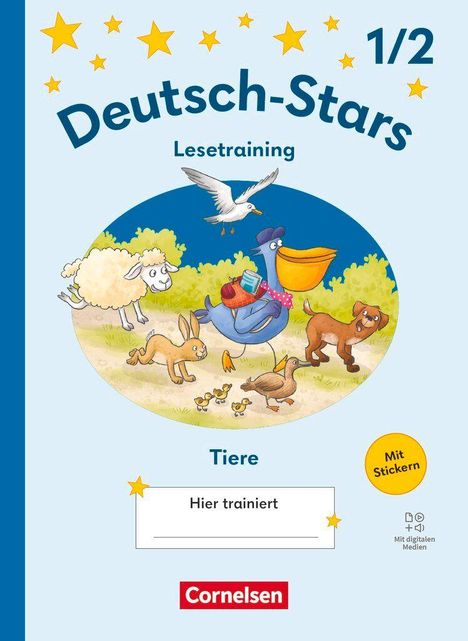 „Deutsch-Stars 1/2 Lesetraining Tiere“, Illustration mit Tieren: Schaf, Pelikan, Hund, Gans, Ente mit Küken und Flugzeug.