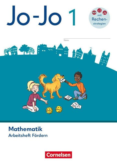 „Jo-Jo 1“, „Mathematik Arbeitsheft Fördern“. Zwei Kinder und ein Hund spielen mit Zahlenkarten und Würfeln.