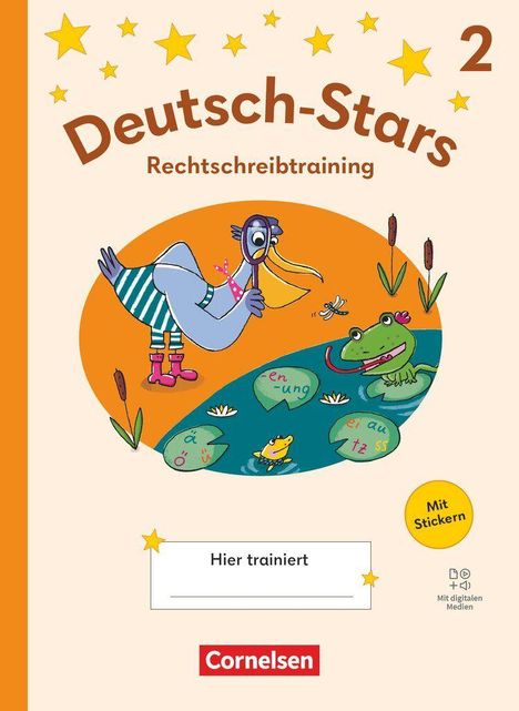 „Deutsch-Stars Rechtschreibtraining 2“. Illustration: Vogel und Krokodil am Teich, Figuren auf Seerosen, Text „Hier trainiert“.
