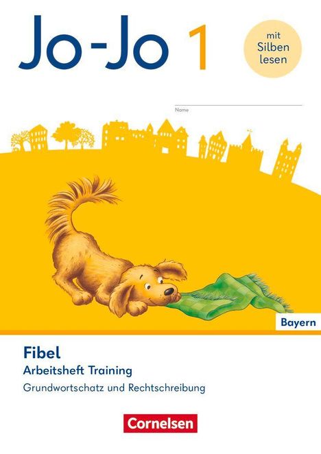 „Jo-Jo 1“, Fibel, Bayern. Illustration: Ein Hund mit grünem Tuch im Maul vor gelbem Hintergrund.