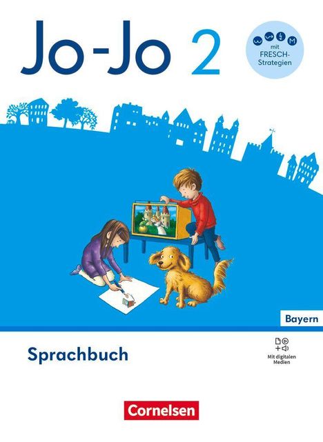 "Jo-Jo 2", "Sprachbuch", "Bayern". Ein Mädchen und ein Junge mit Hund, Farben und Laptop, im Hintergrund Stadtsilhouette.