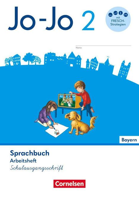 „Jo-Jo 2“, „Sprachbuch“, „Arbeitsheft“, „Schulausgangsschrift“, Illustration von Kindern und einem Hund.